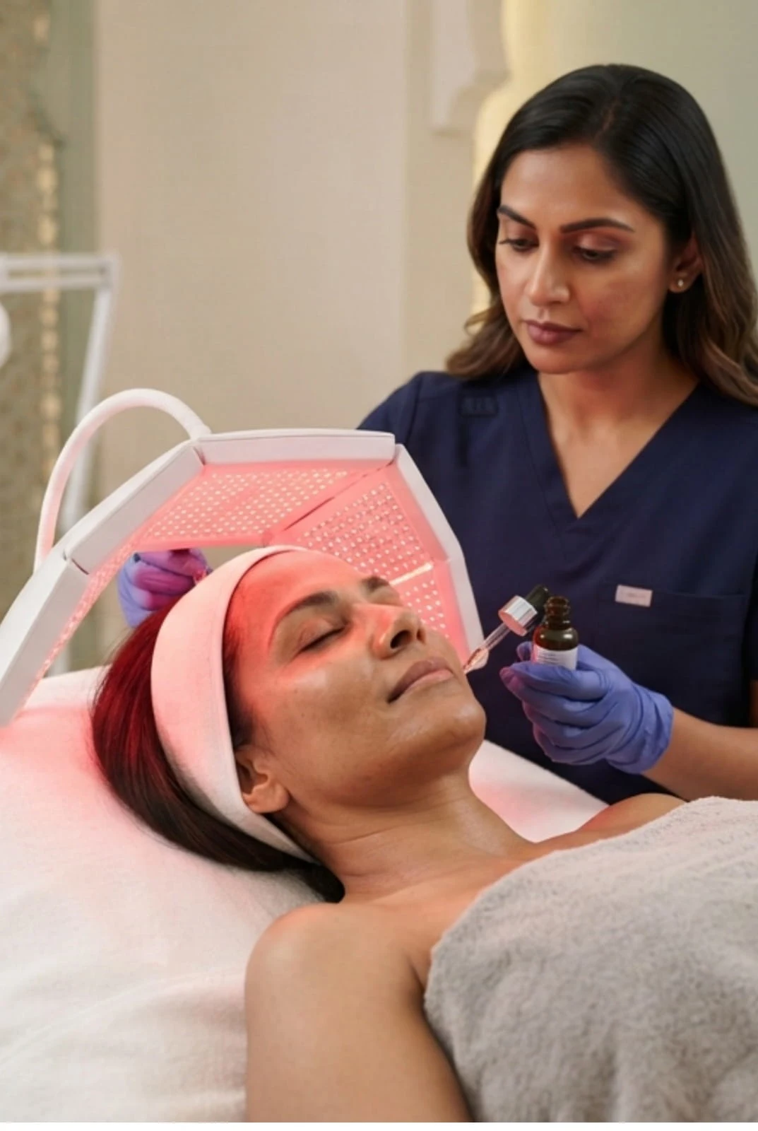 Non-invasive anti-aging protocol Red LED and peptide serum treatment Vedara Care JVC Dubai