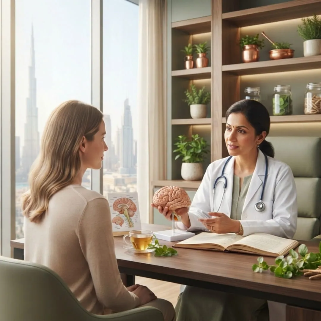 Ayurvedic doctor in attentive consultation with stress and anxiety patient at Vedara Care JVC