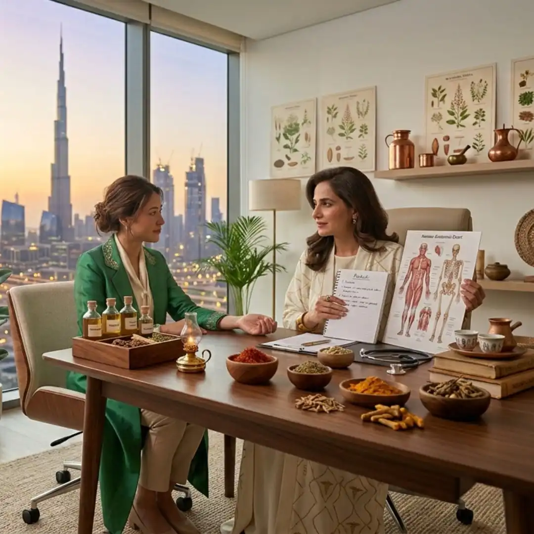 Ayurvedic doctor selecting herbal medicines at a DHA-licensed Ayurveda clinic in Dubai