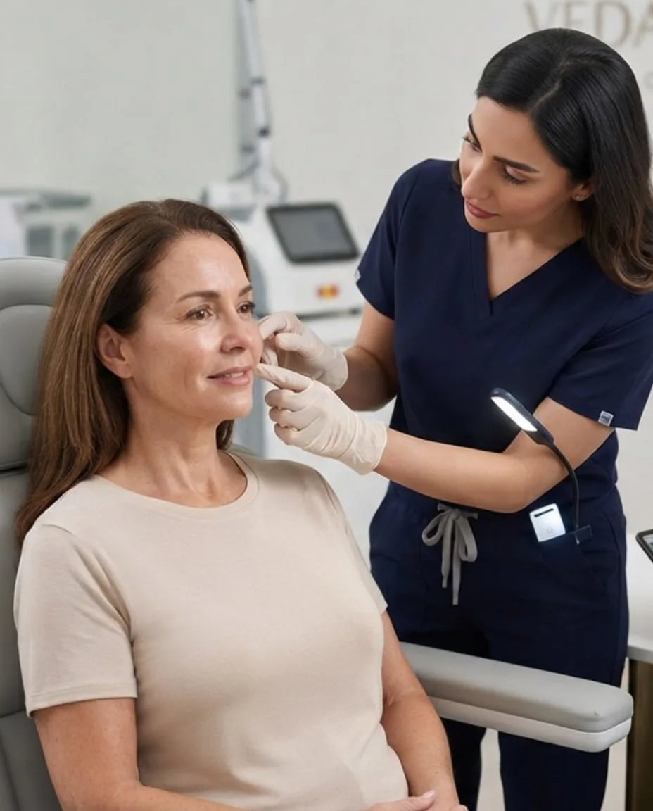 Dermatology team assessing a patient's skin before Carbon Laser Peel