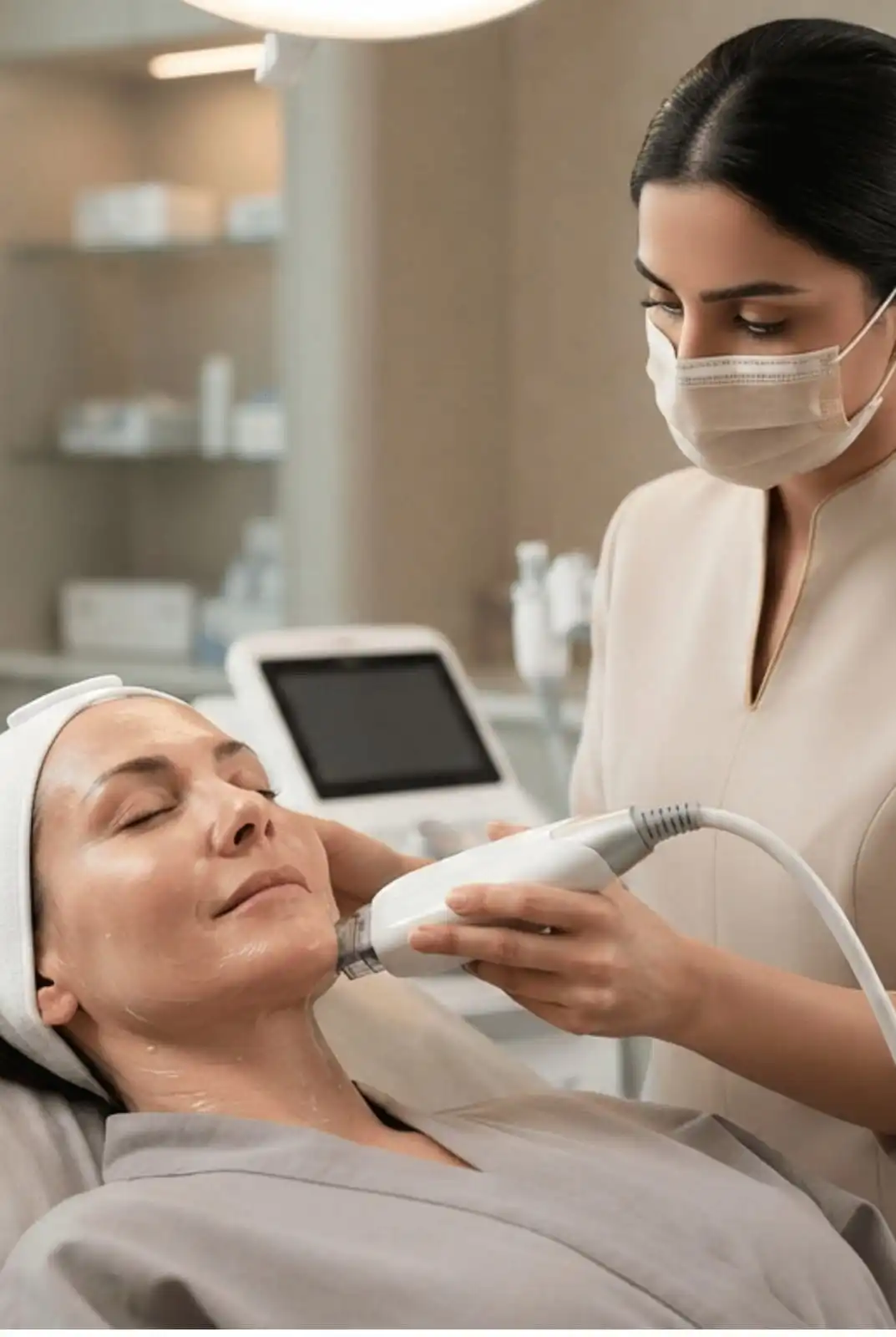 Vedara Care JVC treatment room with HIFU device on the treatment cart, prepared for a skin lifting session under Medical Director protocol