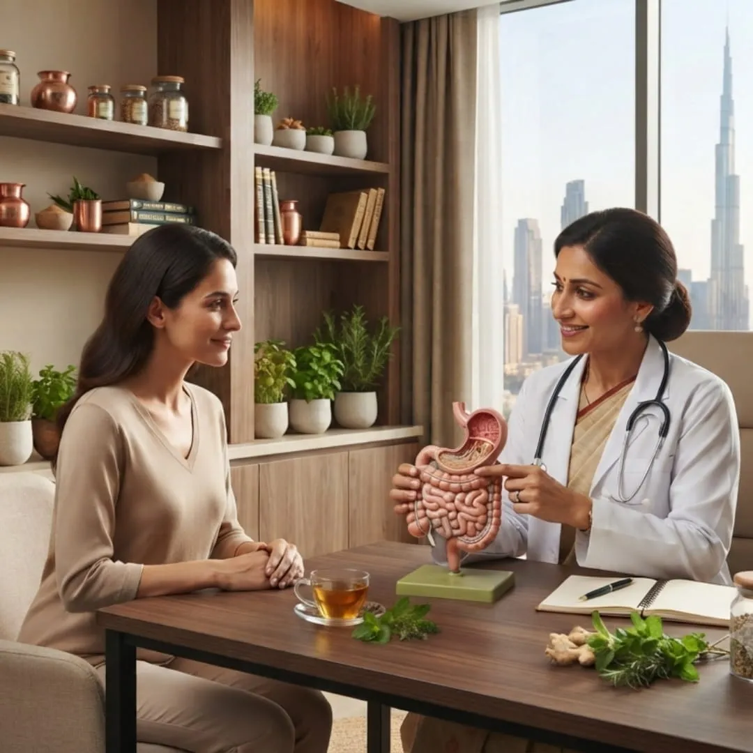 Ayurvedic doctor in attentive IBS consultation with patient at Vedara Care JVC clinic Dubai