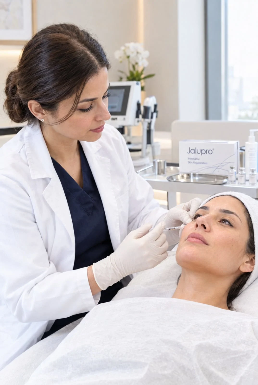 Professional Jalupro injection procedure being administered at a JVC clinic
