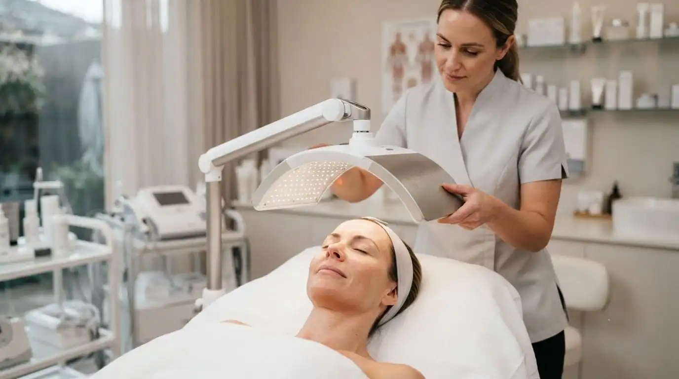 LED light device being positioned during professional skincare treatment