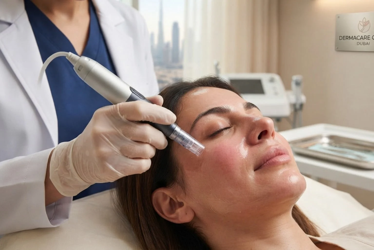 Professional microneedling treatment being performed at Vedara Care in JVC