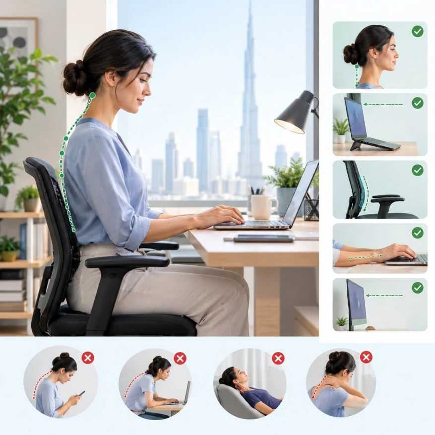 Posture and desk-setup advice for neck pain, Vedara Care, JVC