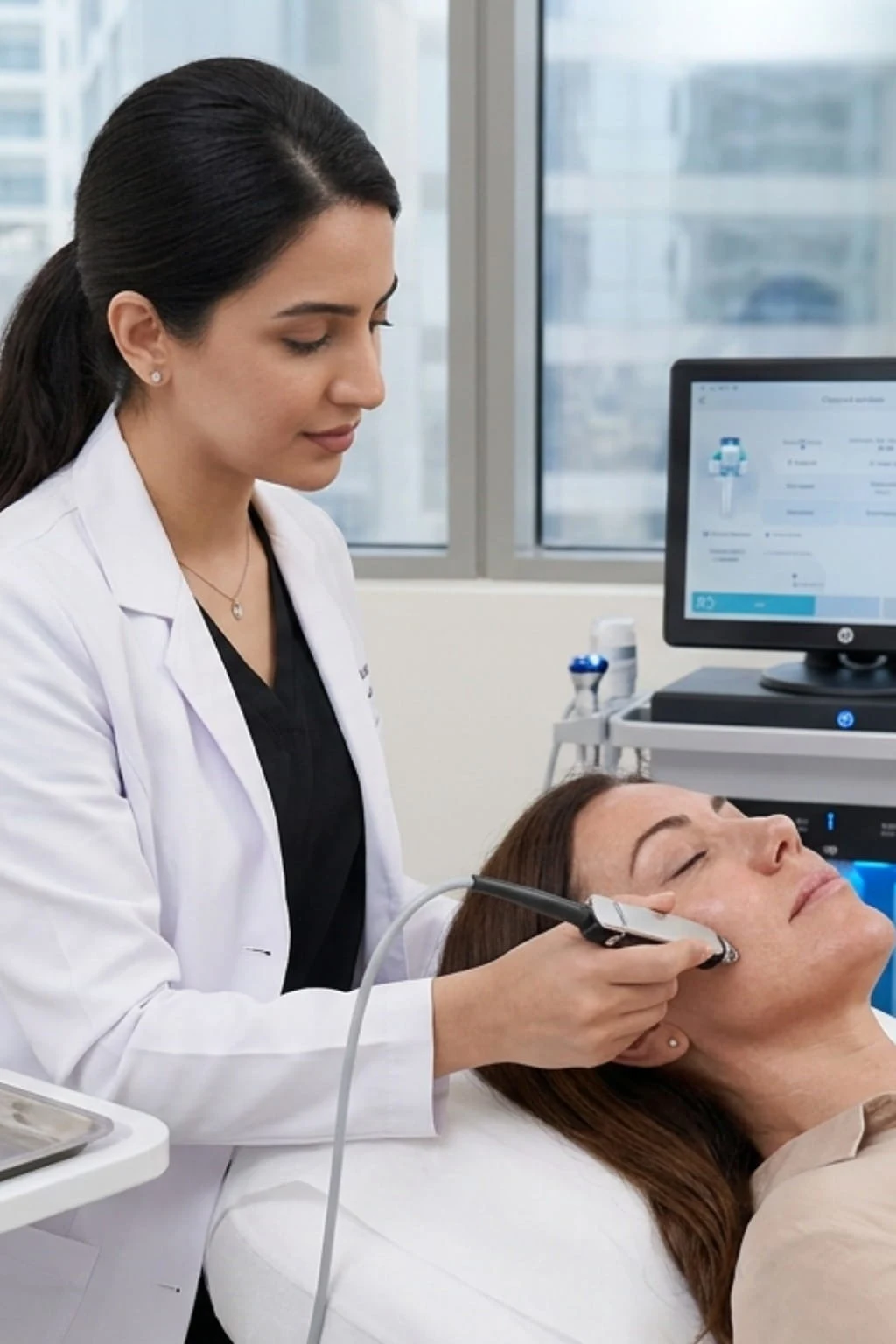Oxygen-related facial treatment step being performed