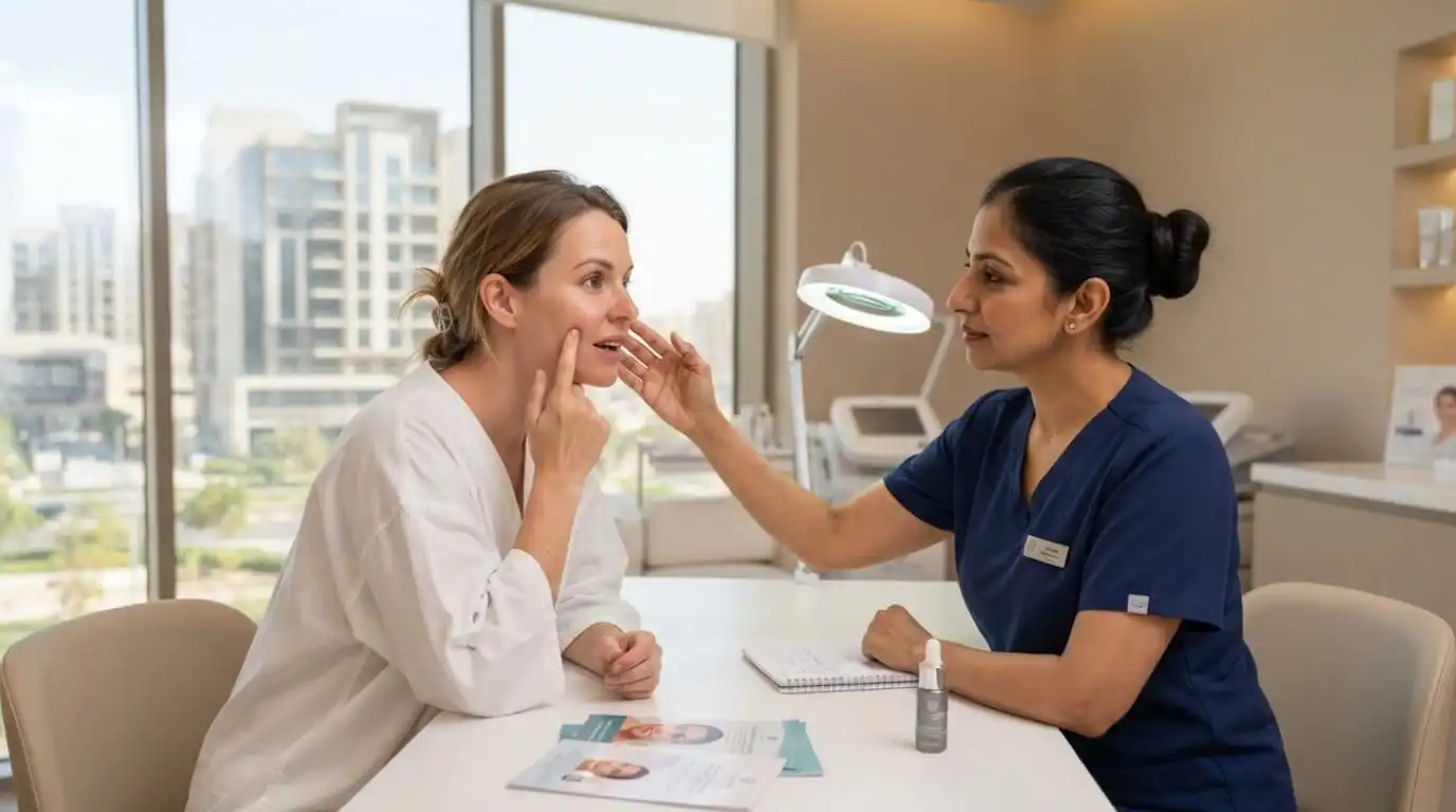 Patient discussing skin concerns with a clinician in Jumeirah Village Circle