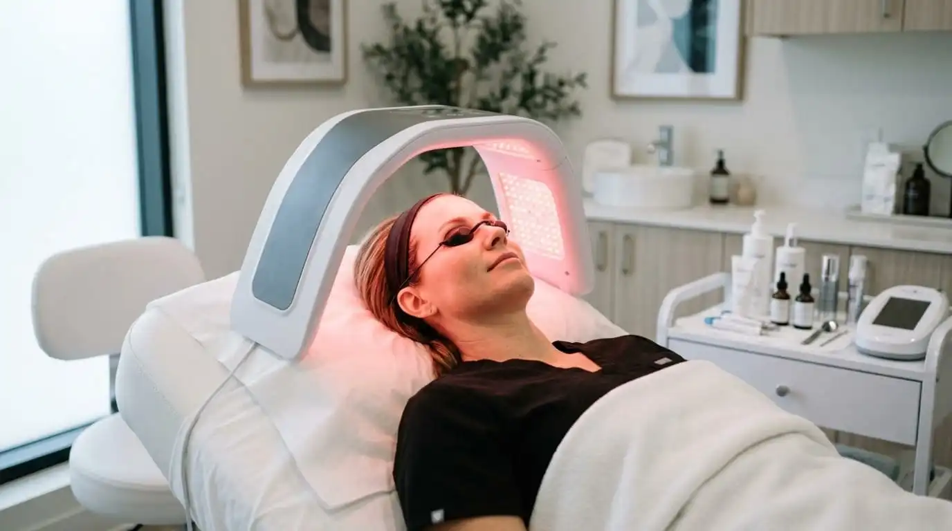 Patient receiving facial LED Light Therapy