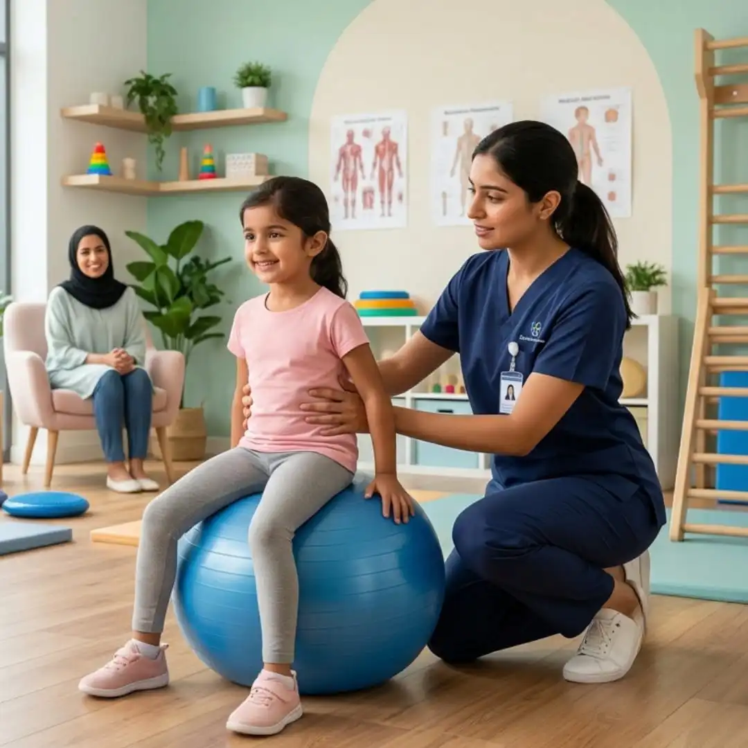 Paediatric physiotherapist working with child at Vedara Care JVC Dubai clinic