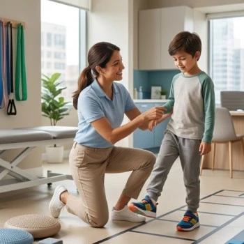 Parent and child at a paediatric physiotherapy assessment, Vedara Care, JVC, Dubai