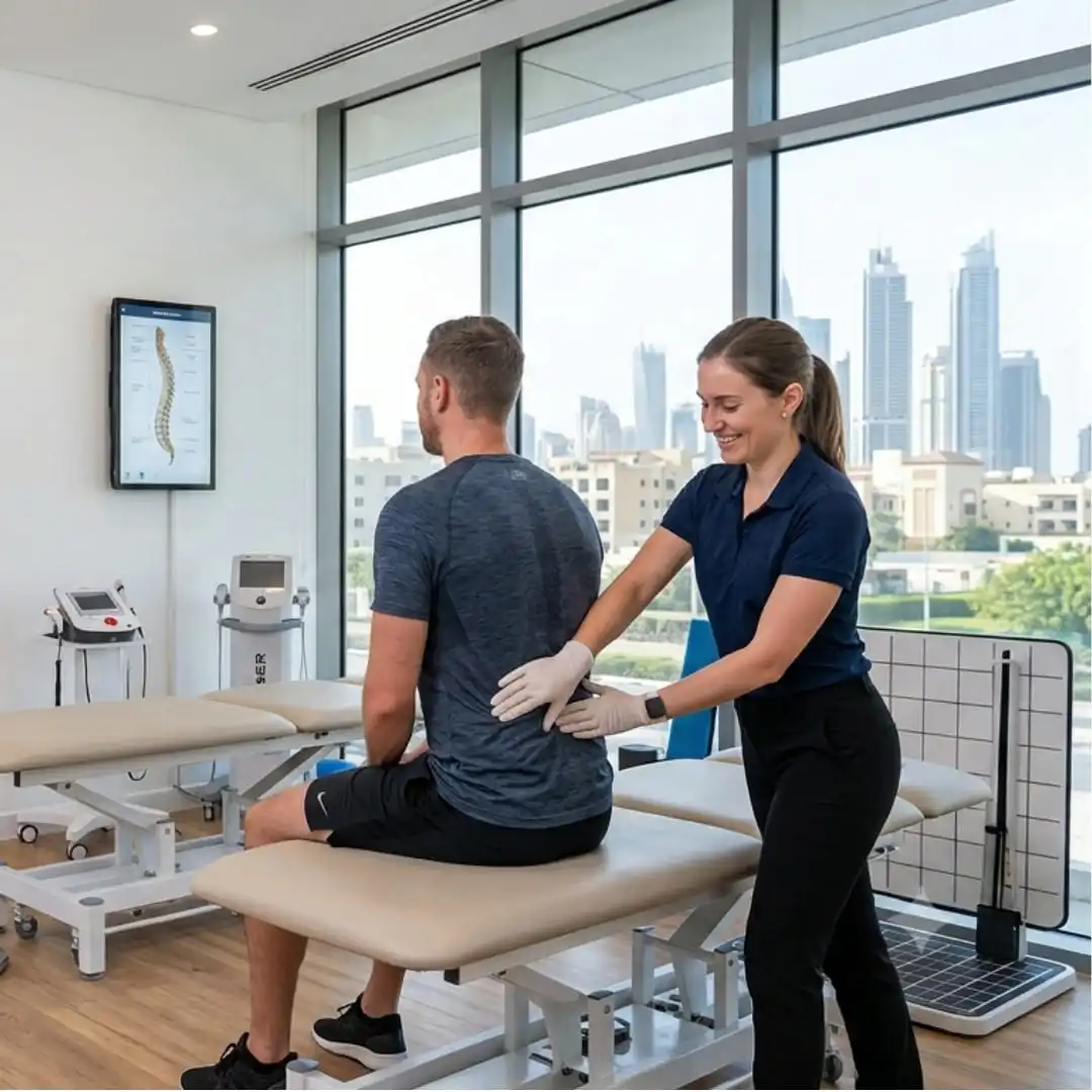 DPT-qualified physiotherapist treating patient at Vedara Care JVC Dubai clinic