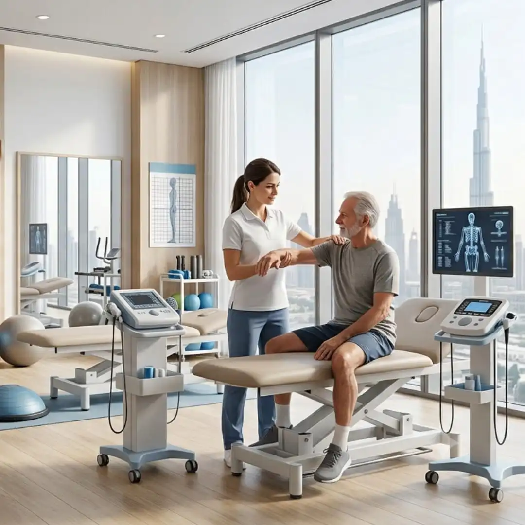 Modern physiotherapy treatment room with specialised equipment at Vedara Care JVC