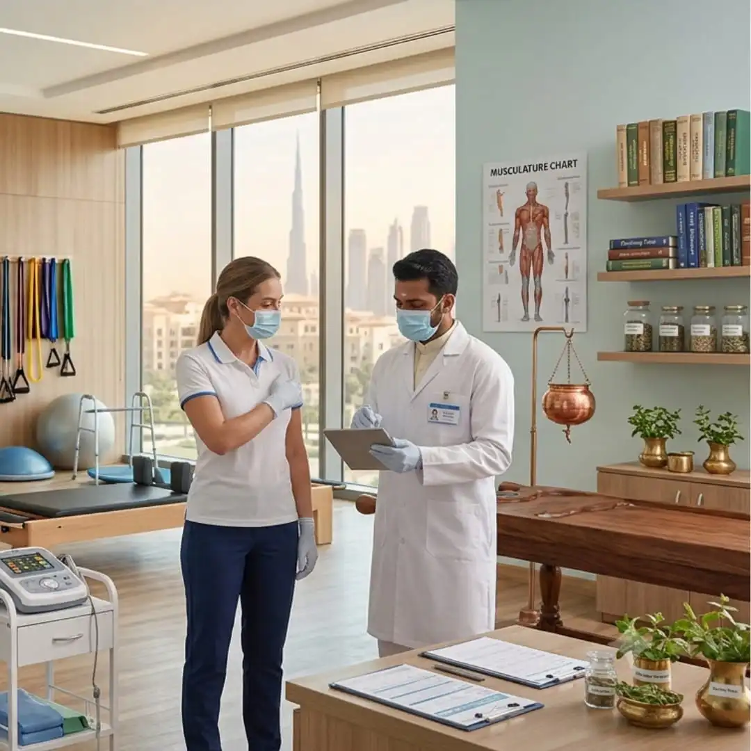 Physiotherapist and Ayurvedic doctor collaborating at Vedara Care JVC