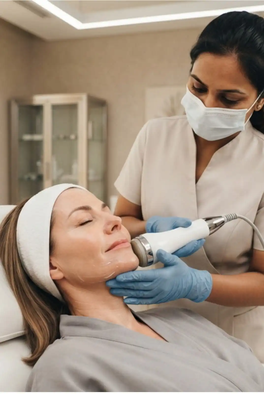 Vedara Care JVC RF skin tightening treatment room with device prepared for a comfortable dermal firming session under Medical Director protocol
