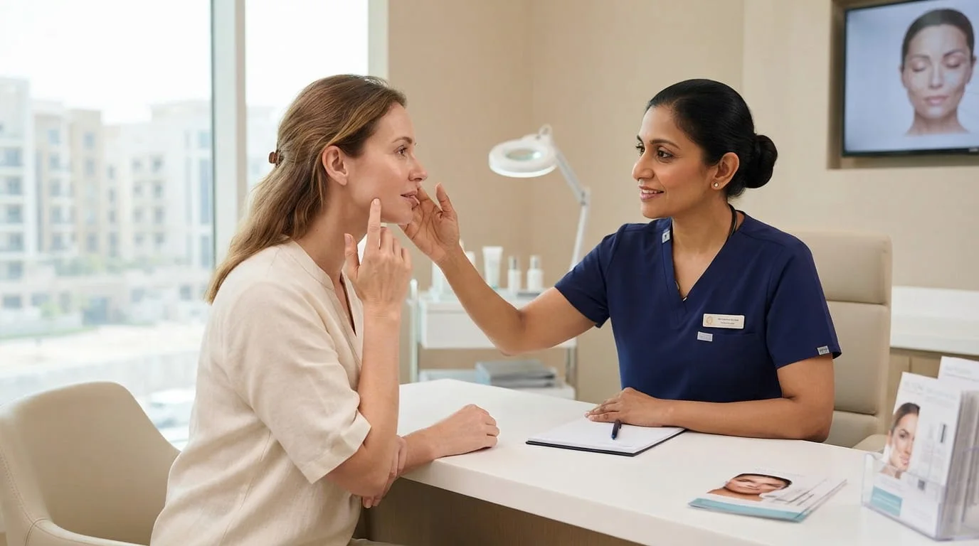 Clinical skin assessment and consultation before injectable Jalupro treatment