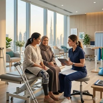 Physiotherapist coordinating with surgeon at Vedara Care JVC post-surgery rehabilitation