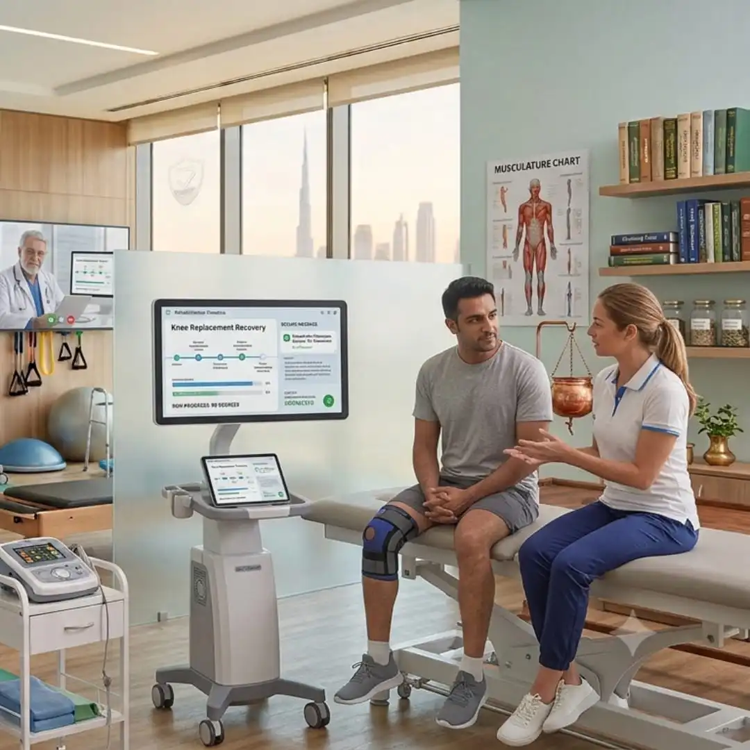 Physiotherapist coordinating with surgeon at Vedara Care JVC post-surgery rehabilitation