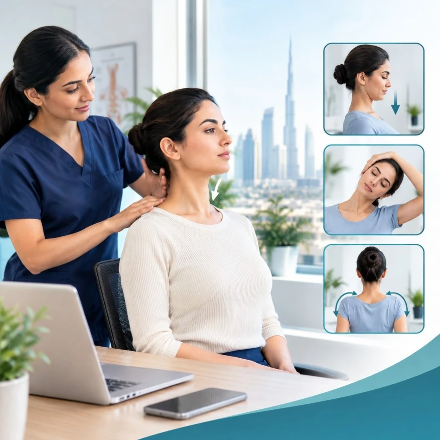 Neck pain exercises for tech neck, Vedara Care, JVC