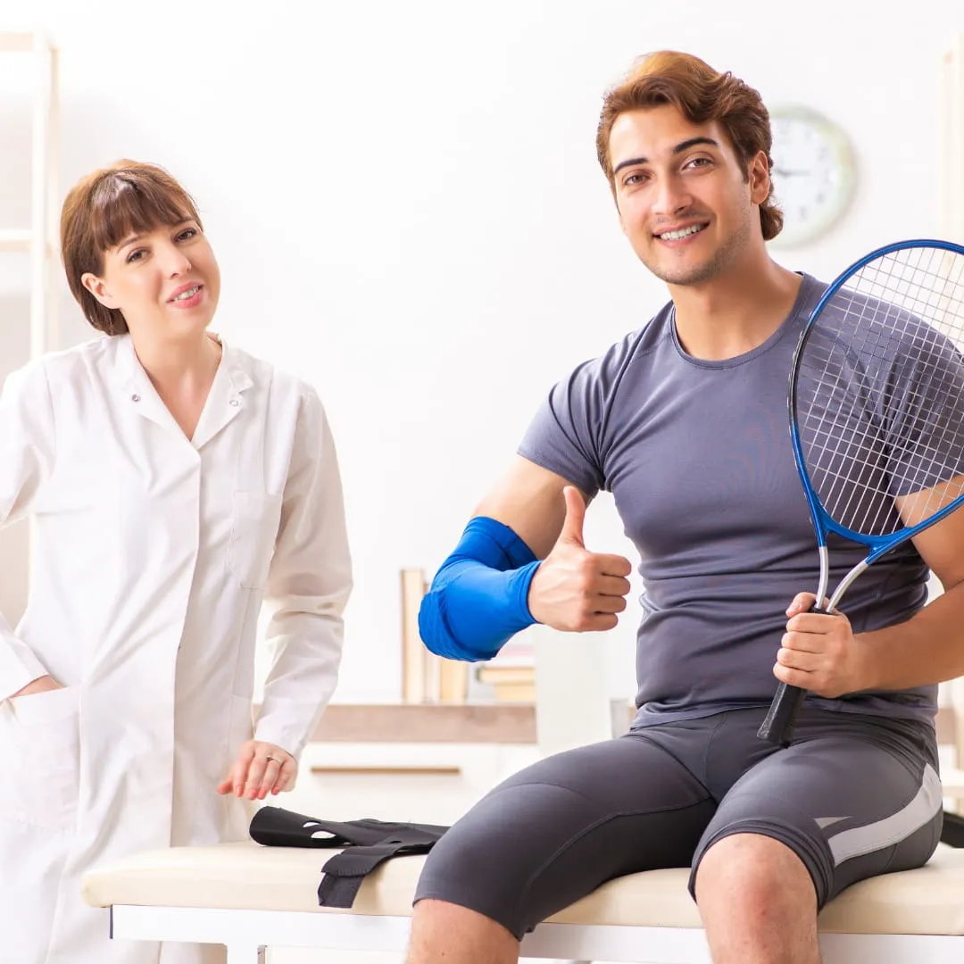Tennis elbow eccentric loading exercise at Vedara Care JVC Dubai clinic
